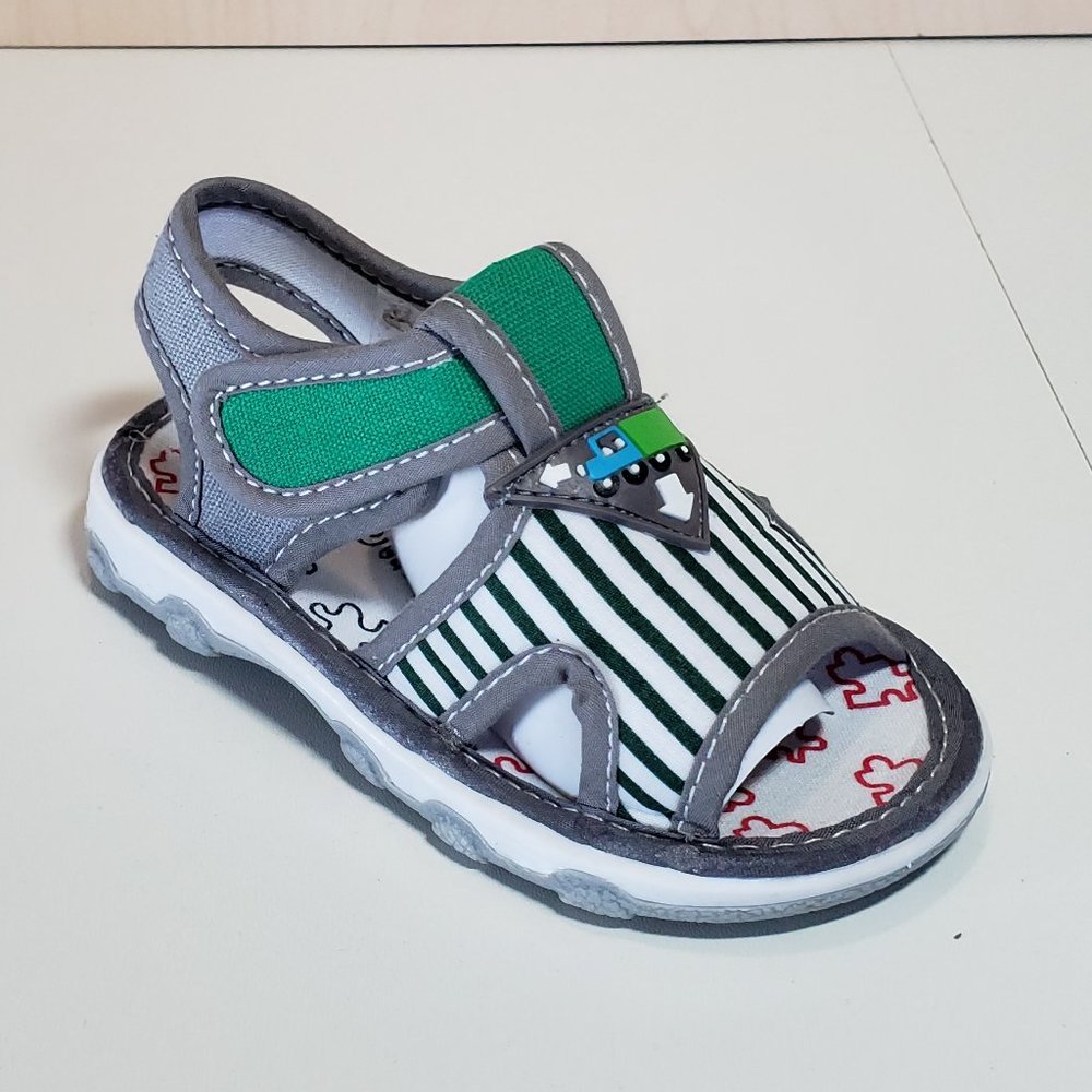 3/$10  Little Star Toddler Stripped Truck Canvas Squeaker Sandal - Grey/ Green -
